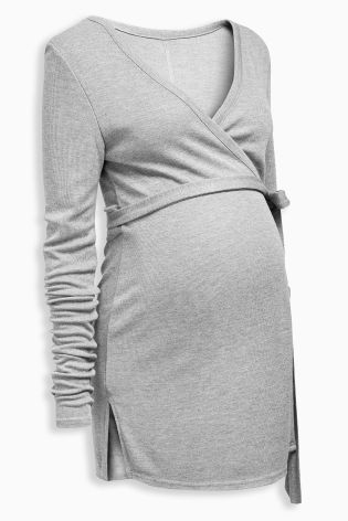 Grey Maternity Wrap Jersey Rib Top